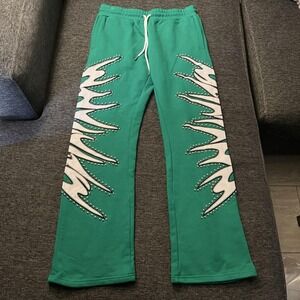 Campus Sweatpants Mens Medium Green Flame Studded Graphic Zip Pocket Fleece